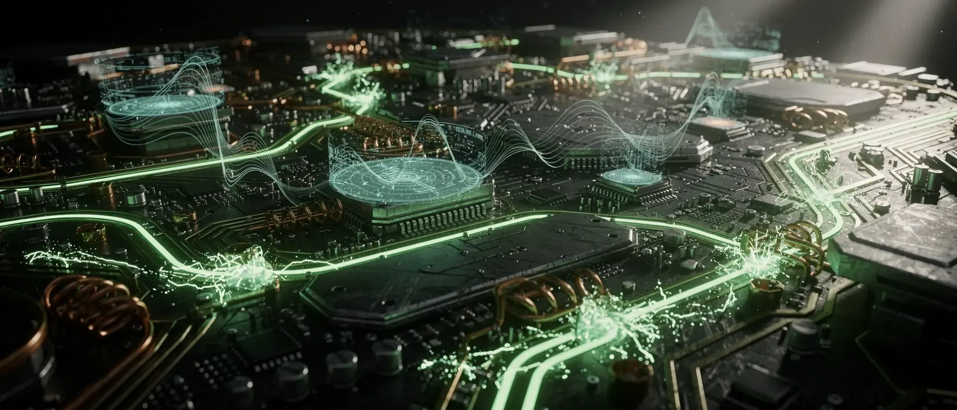 Makroaufnahme einer futuristischen Cyberpunk-Platine mit leuchtend neongrünen Energieimpulsen und detaillierten metallischen Bauteilen auf schwarzem Grund.