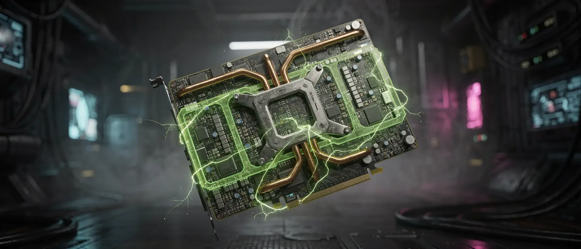 Schwebende futuristische GPU in einem dunklen Cyberpunk-Labor mit leuchtend neongrünen Energieflüssen und detaillierten elektronischen Bauteilen.