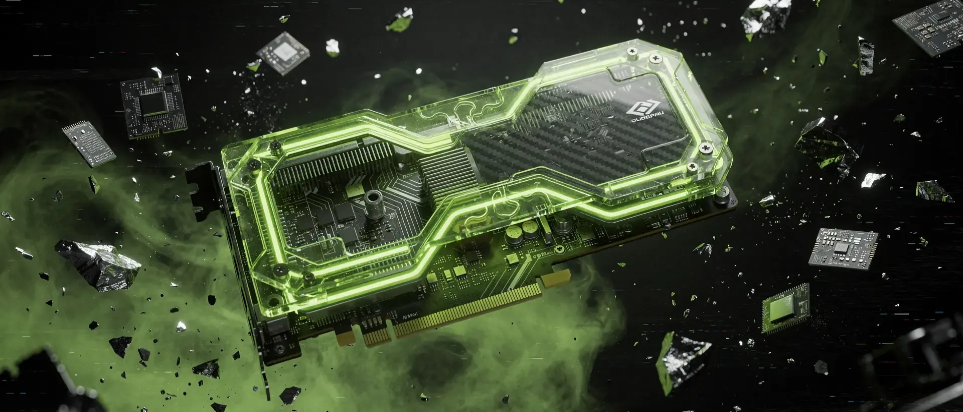 Eine futuristische Cyberpunk-Grafikkarte mit durchsichtigem Gehäuse und leuchtend neongrünen Energiebahnen schwebt in einer dunklen, digitalen Leere.