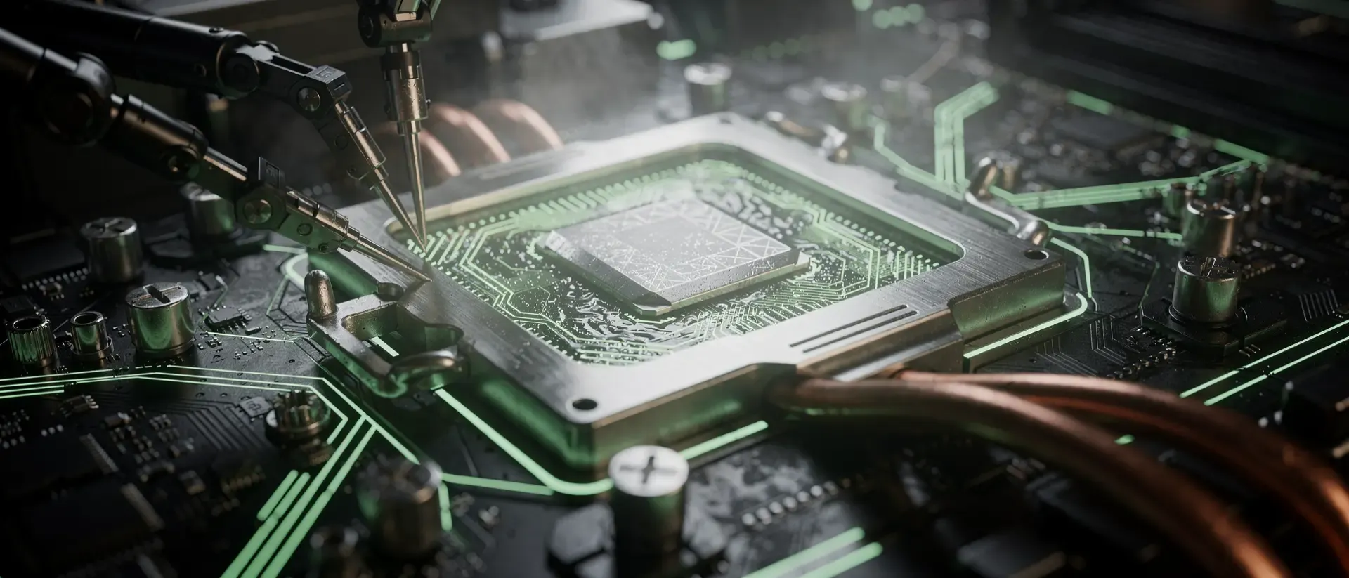 Makroaufnahme eines futuristischen Cyberpunk-Prozessors auf einem dunklen Mainboard mit leuchtend neongrünen Schaltkreisen und robotergesteuerter Präzision.