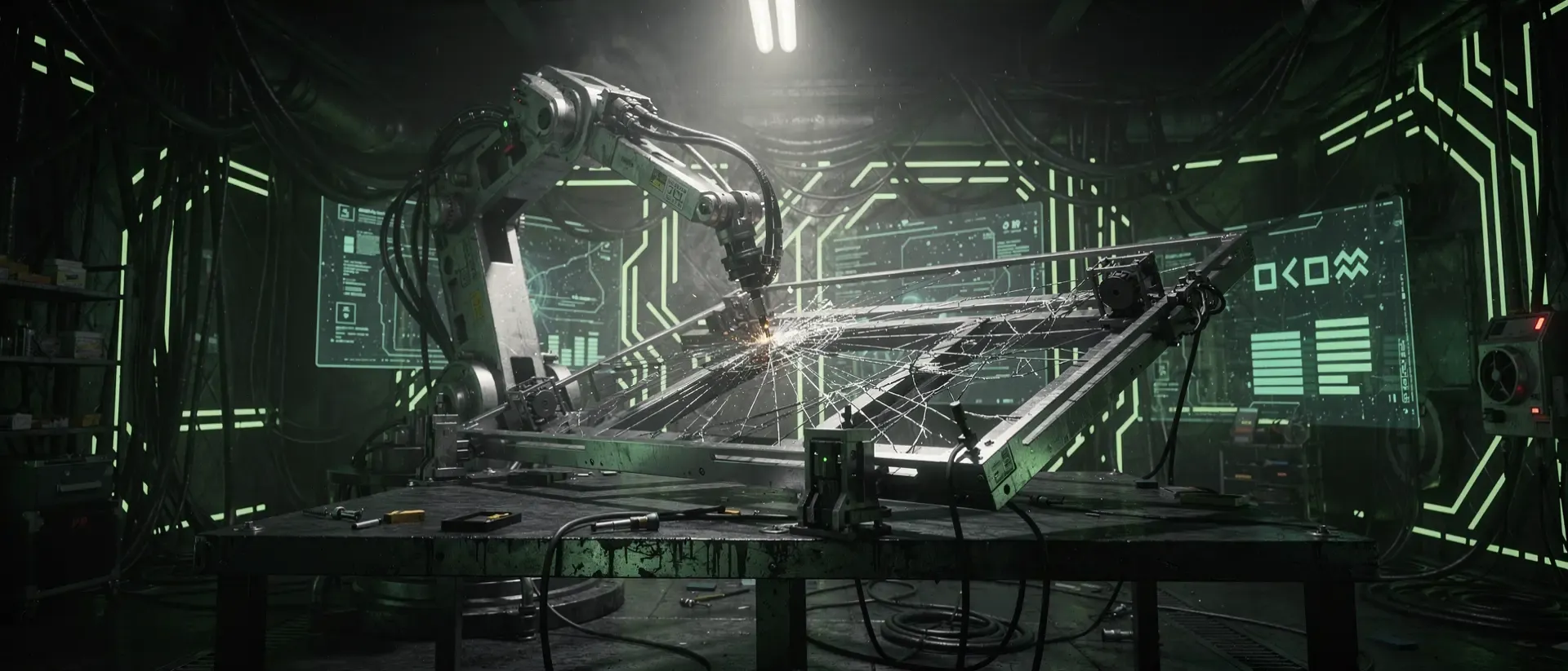 Ein futuristischer Cyberpunk-Werkstattbereich mit einem Roboterarm, der ein metallisches Bauteil unter neongrünen Lichteffekten in düsterer Atmosphäre montiert.