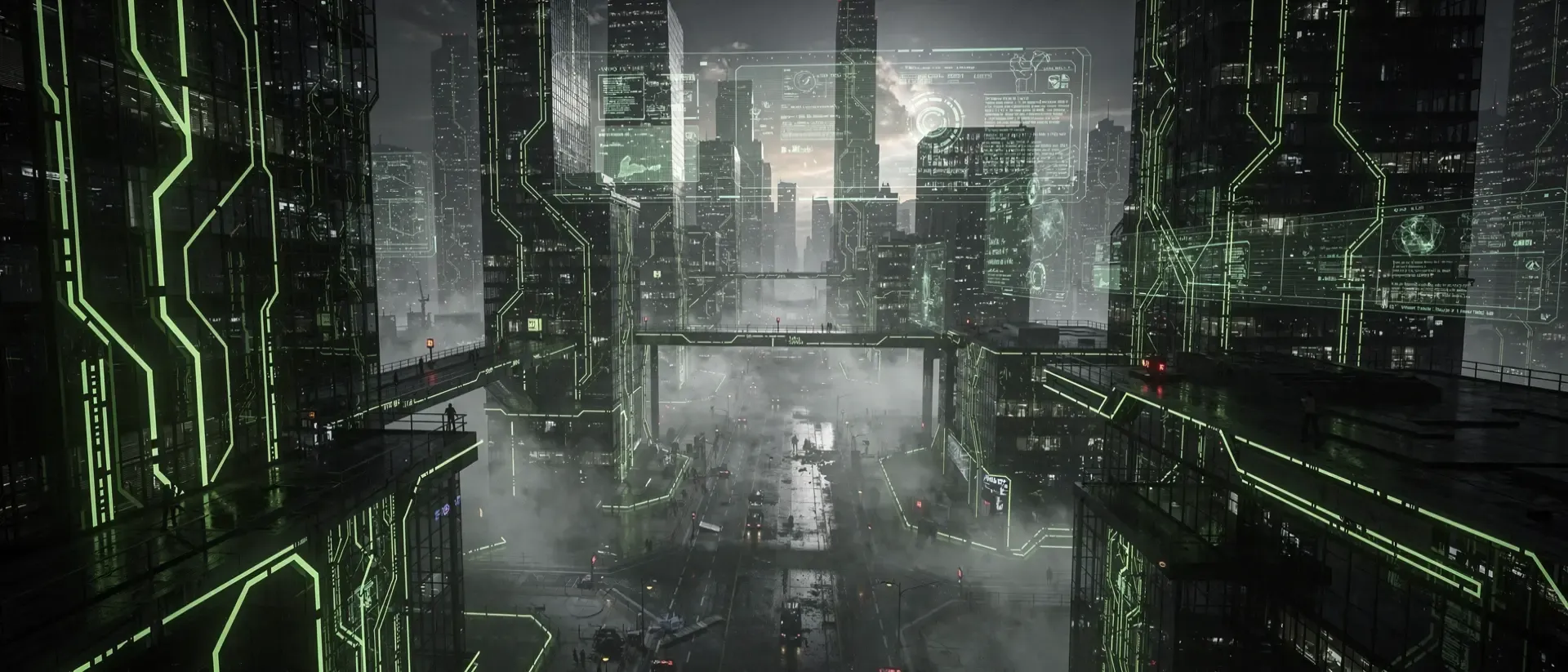 Weitwinkelansicht einer dunklen Cyberpunk-Metropole bei Nacht mit neongrünen, leuchtenden Gebäuden und schwebenden Hologrammen im Nebel.
