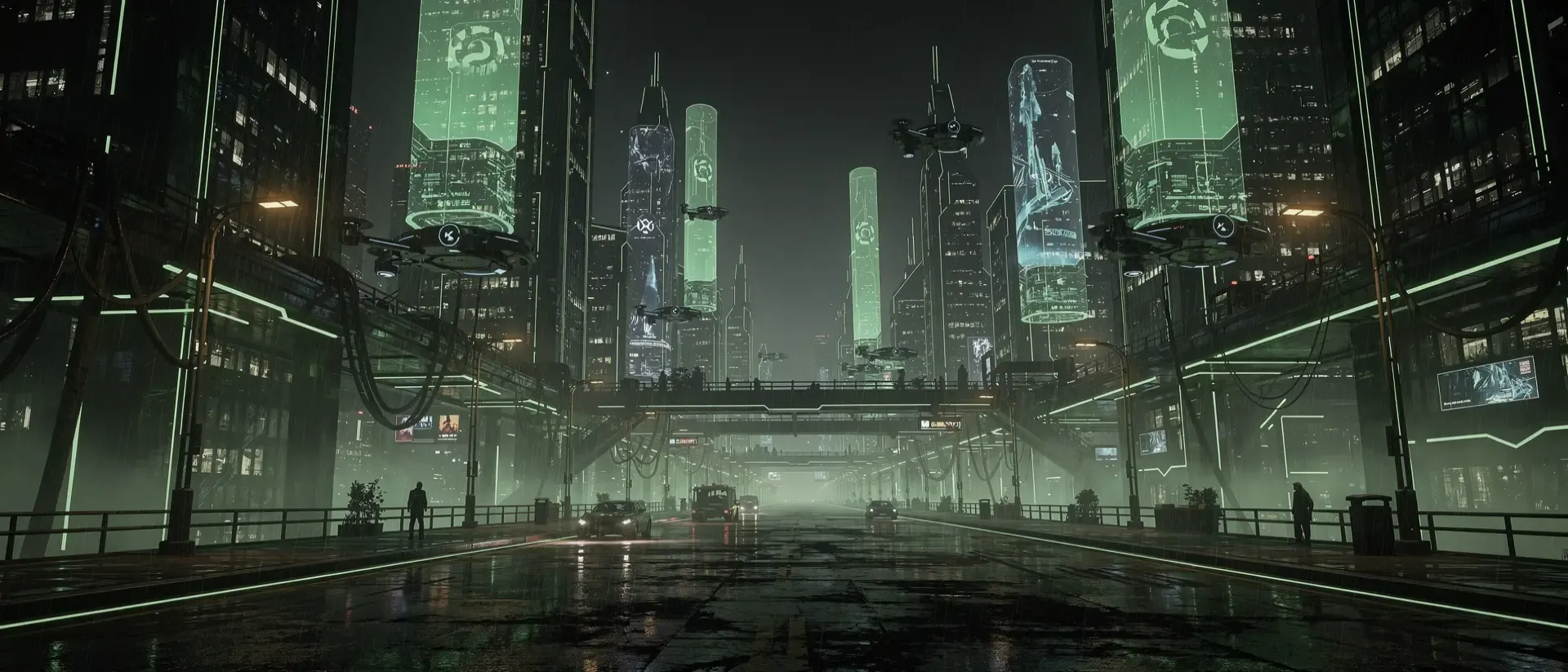 Futuristische Cyberpunk-Stadt bei Nacht mit neon-grünen Lichtakzenten, holografischen Türmen und regennassen, spiegelnden Straßen im Weitwinkelformat.