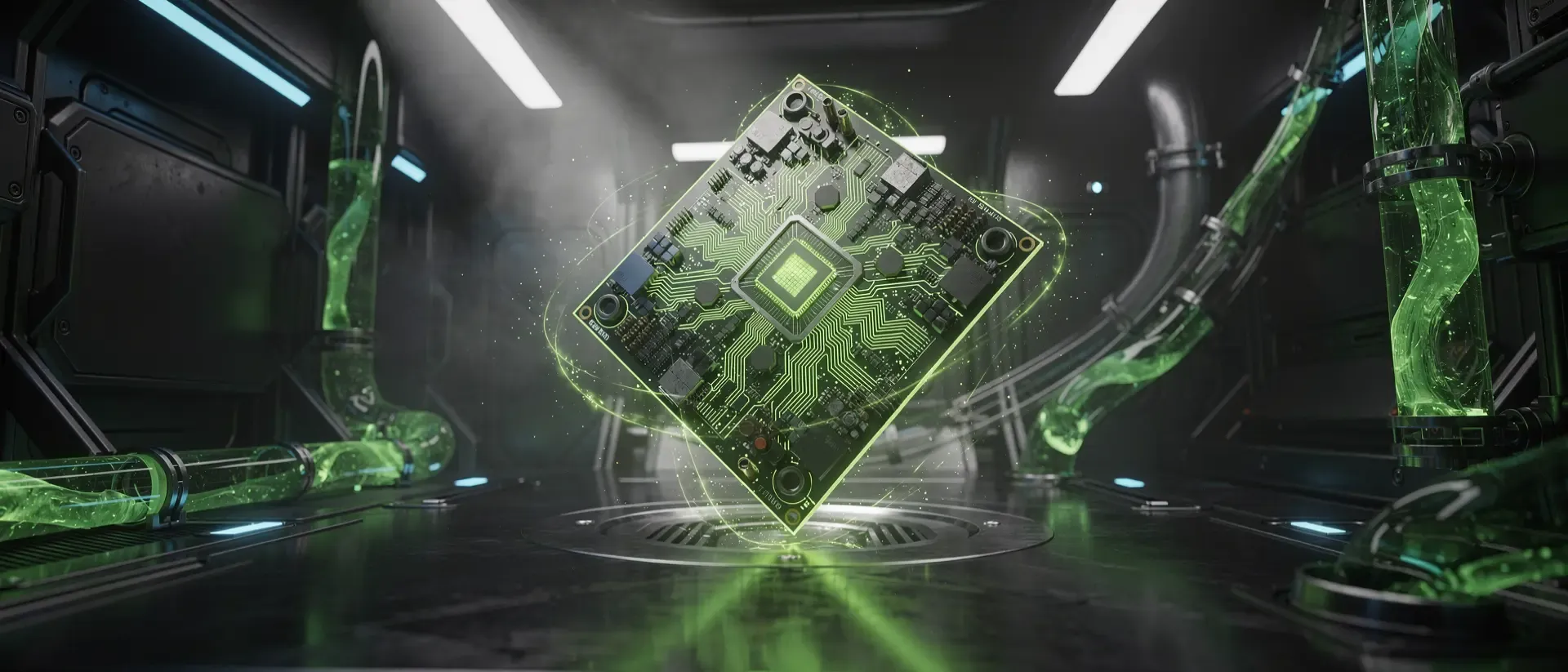 Ein futuristischer Computerprozessor schwebt in einem Magnetfeld in einem Cyberpunk-Labor, illuminiert von pulsierendem neongrünem Licht und kühlernder Flüssigkeit.