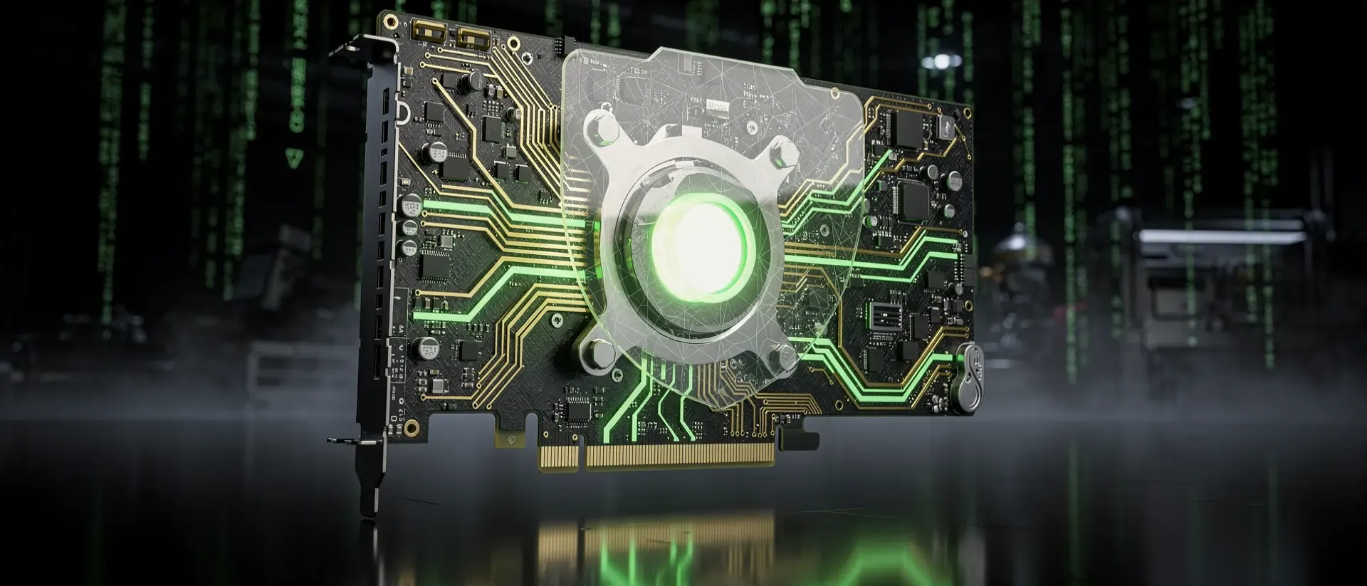 Schwebende futuristische GPU-Platine in einem dunklen Cyberpunk-Labor mit leuchtend grünen Energiepulsen und holografischen Datenströmen.