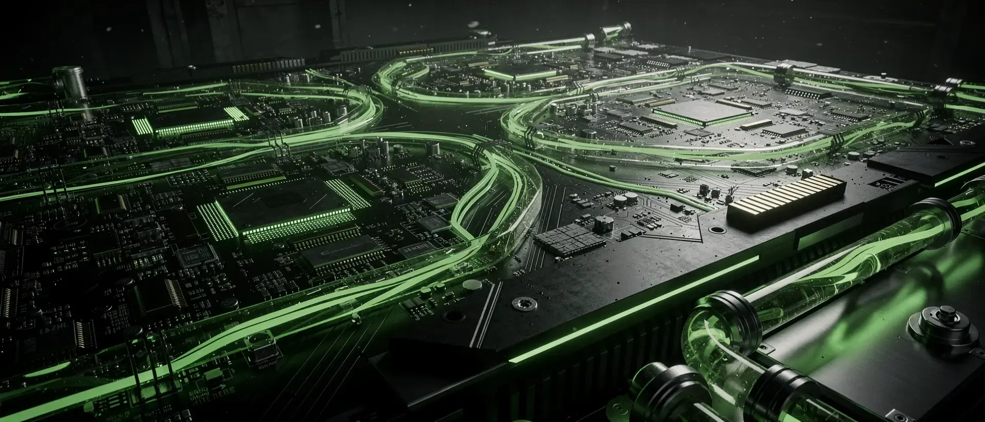 Cinematische Nahaufnahme einer futuristischen Cyberpunk-GPU mit leuchtend neongrünen Schaltkreisen und sichtbarem Kühlmittel auf schwarzem Obsidian.
