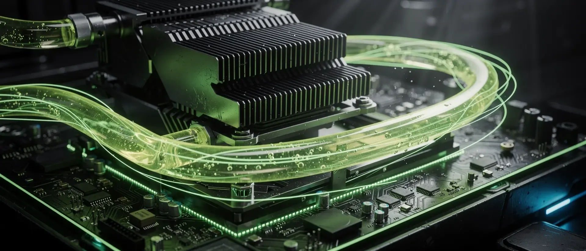 Extremer Nahaufnahme eines futuristischen Cyberpunk-Mainboards mit leuchtend grünen Schaltkreisen und fließender neon-grüner Kühlflüssigkeit.