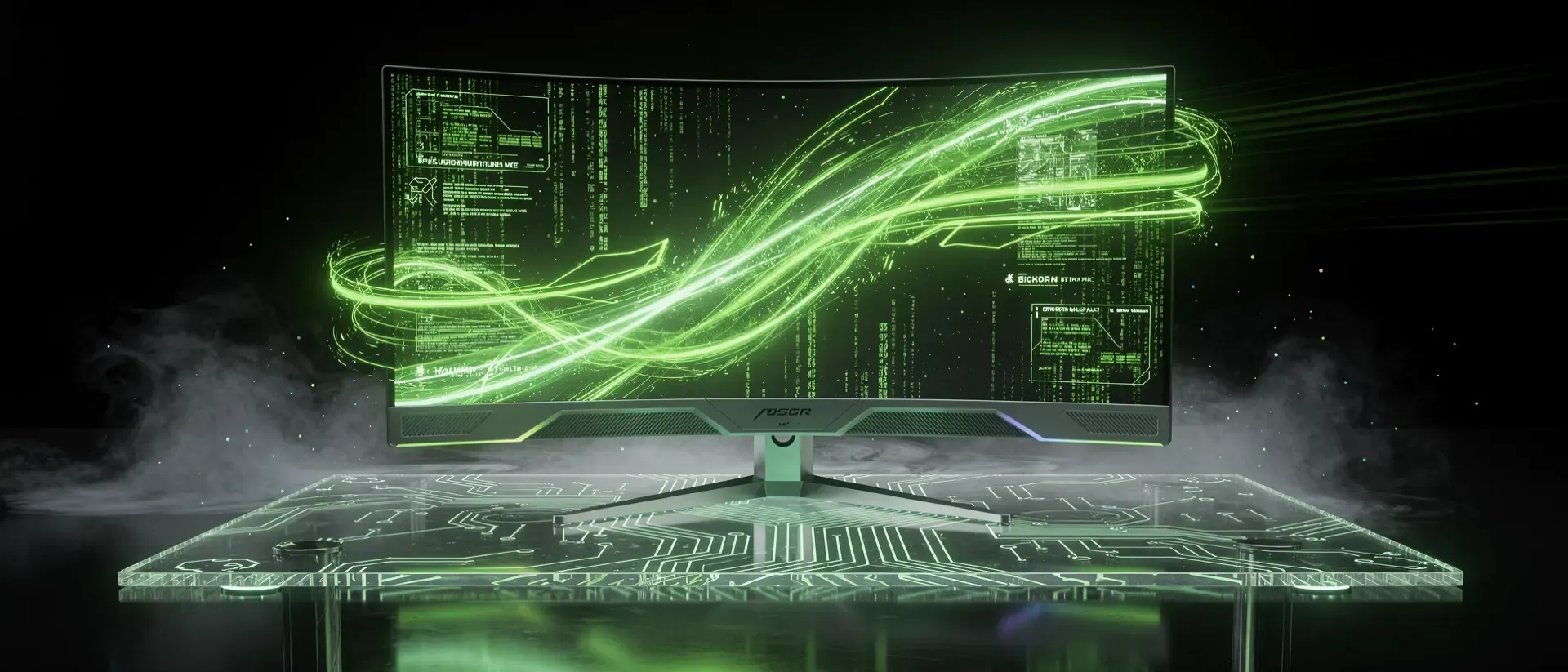 Futuristische Cyberpunk-Gaming-Station mit einem schwebenden, gebogenen Monitor, der von leuchtend grünen, digitalen Energieströmen und Matrix-Mustern umgeben ist.