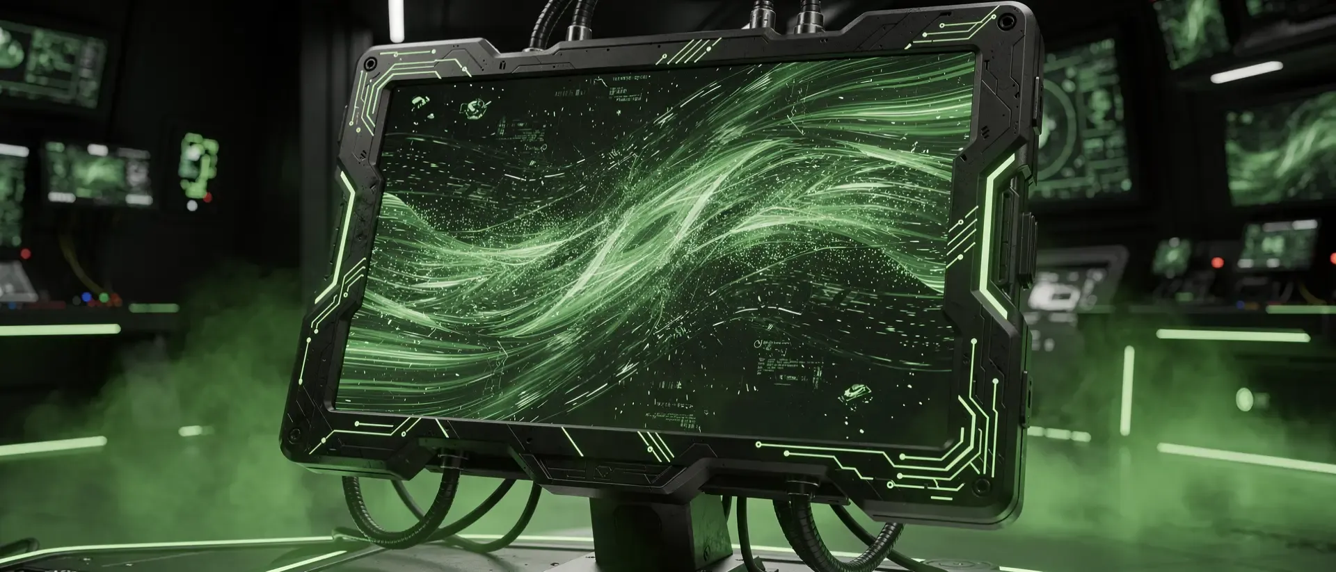 Extremer Nahaufnahme eines futuristischen Cyberpunk-Monitors mit fließenden, neon-grünen Hologramm-Wellen in einer dunklen, technologischen Laborumgebung.