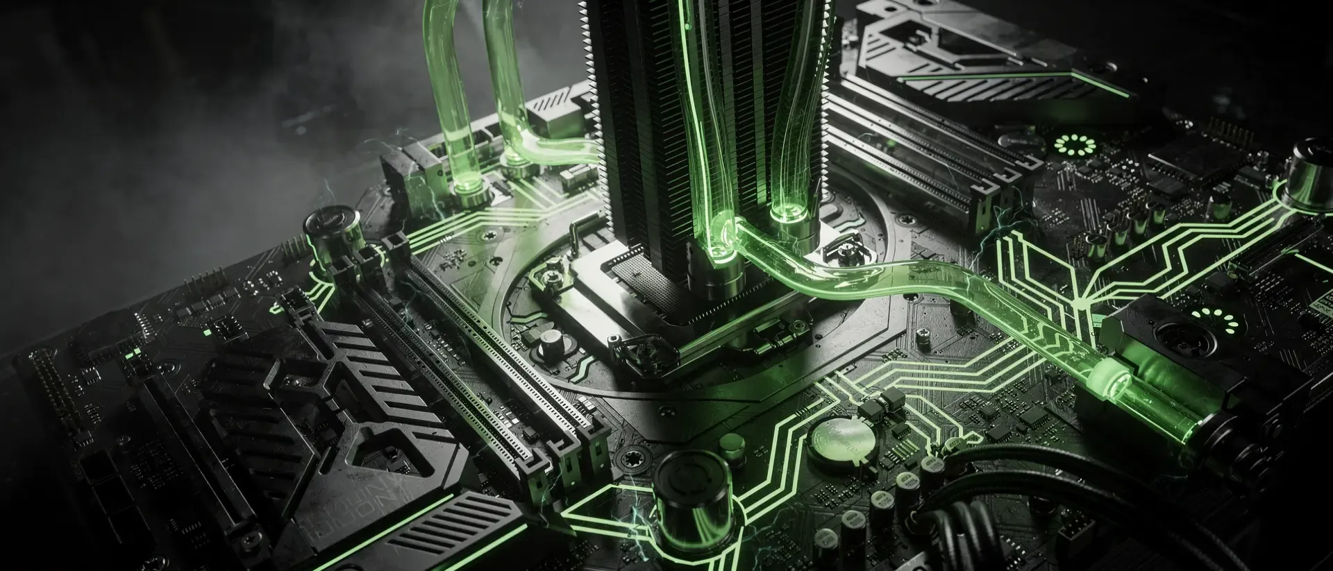 Nahaufnahme eines futuristischen Cyberpunk-Mainboards mit leuchtend neongrünen Flüssigkeitskühlungen und komplexen Schaltkreisen in dunkler Ästhetik.