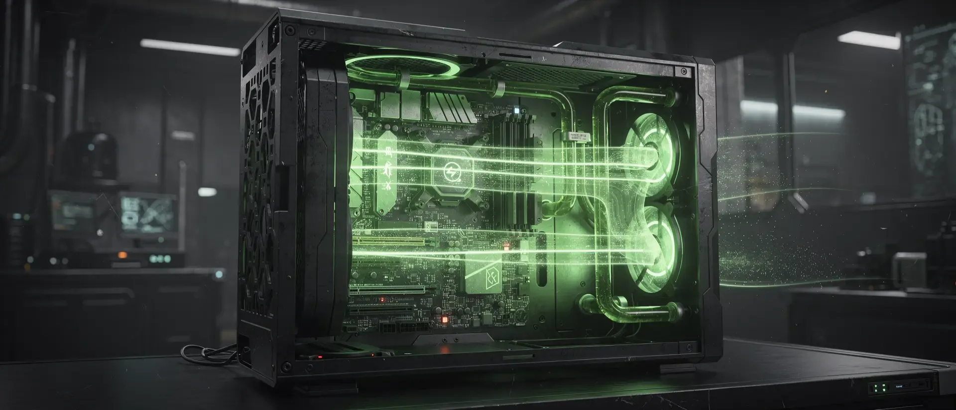 Futuristisches Computergehäuse in einem Cyberpunk-Labor mit leuchtend neongrünen Plasma-Luftströmen und komplexen Schaltkreisen in dunkler Ästhetik.
