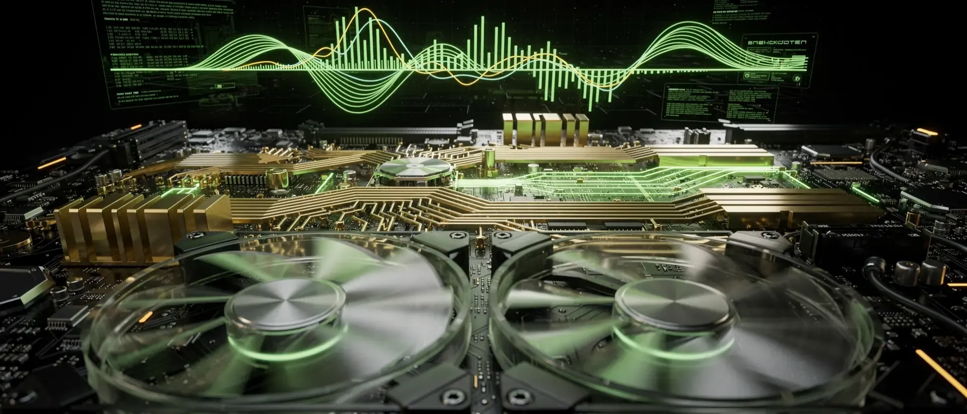 Extremer Nahaufnahme einer futuristischen Computerplatine mit leuchtend grünen Energieimpulsen, holografischen Datenwellen und Cyberpunk-Ästhetik.