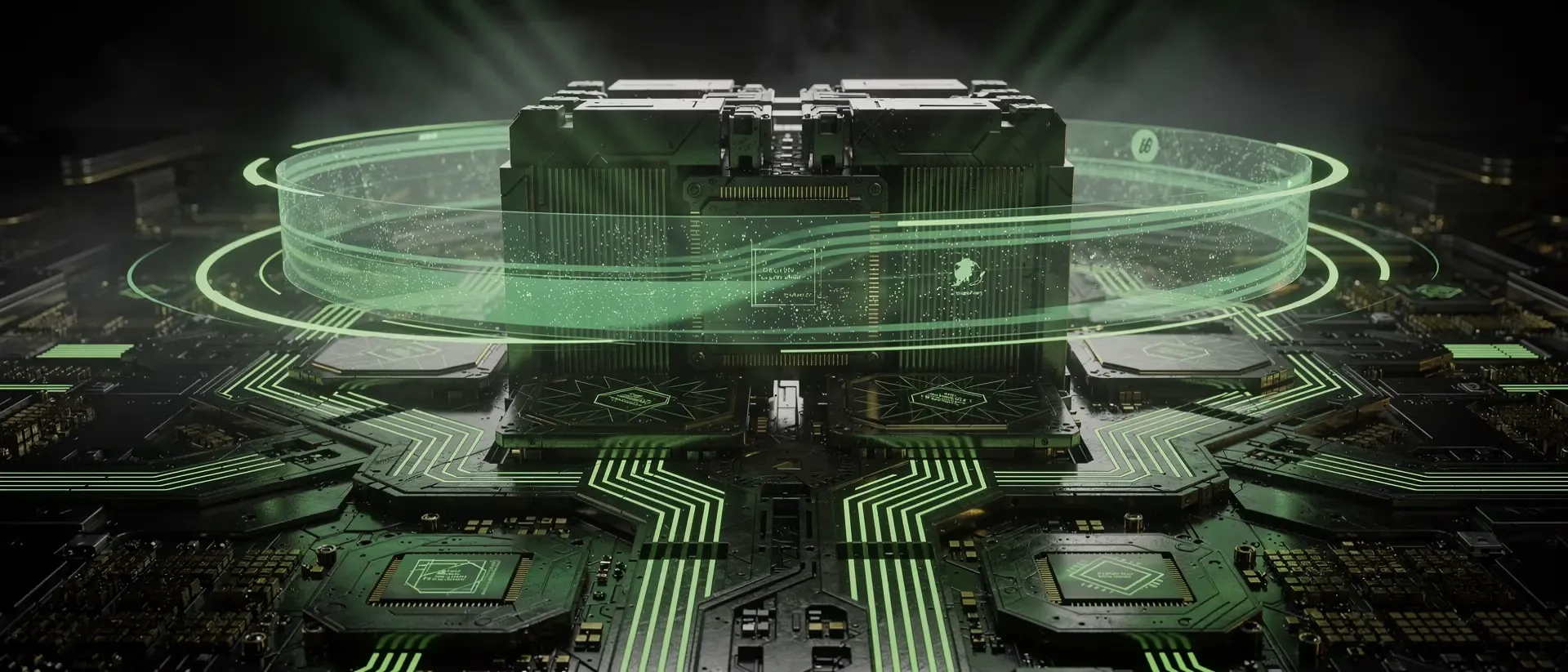 Futuristische GPU-Architektur im Cyberpunk-Stil mit leuchtend neongrünen Schaltkreisen, holografischen Datenströmen und metallischen Texturen.