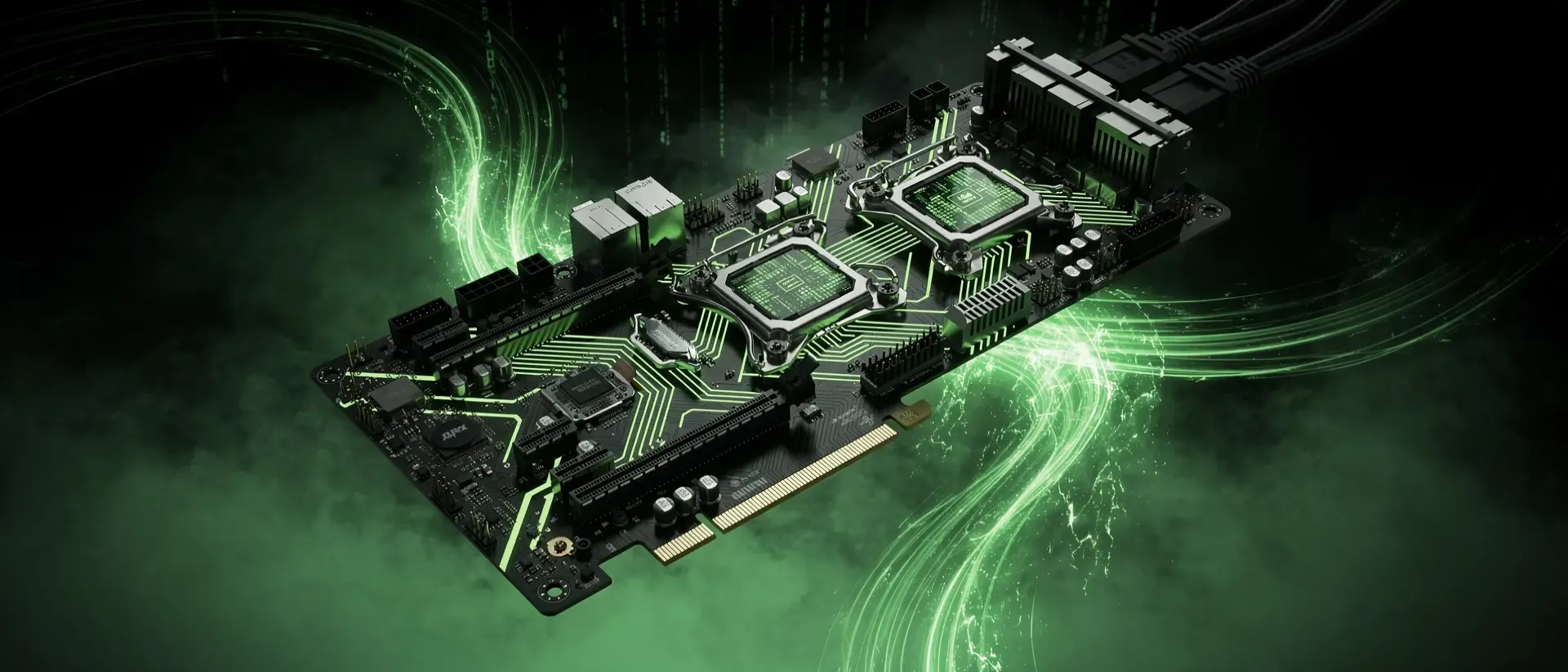 Futuristische Hardware in einem dunklen Labor, wobei eine Motherboard und GPU mit leuchtend neongrünen Energieimpulsen und digitalen Datenströmen schweben.