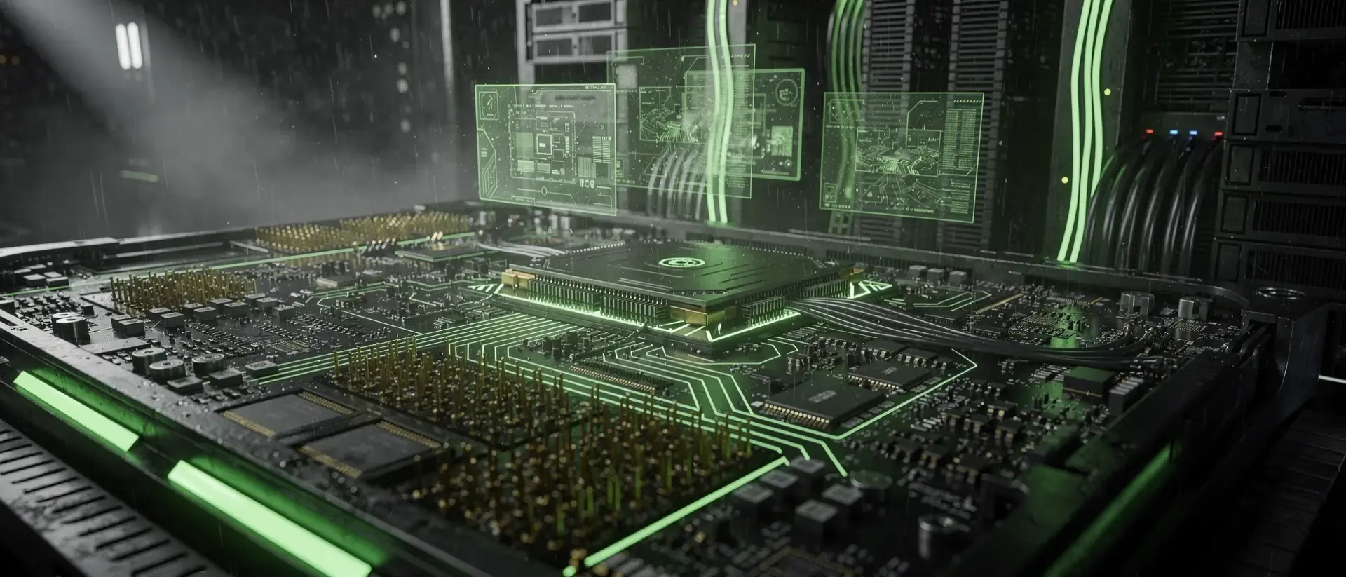 Nahaufnahme einer futuristischen GPU-Platine in einem Cyberpunk-Server mit leuchtenden neongrünen Schaltkreisen und holografischen Komponenten.