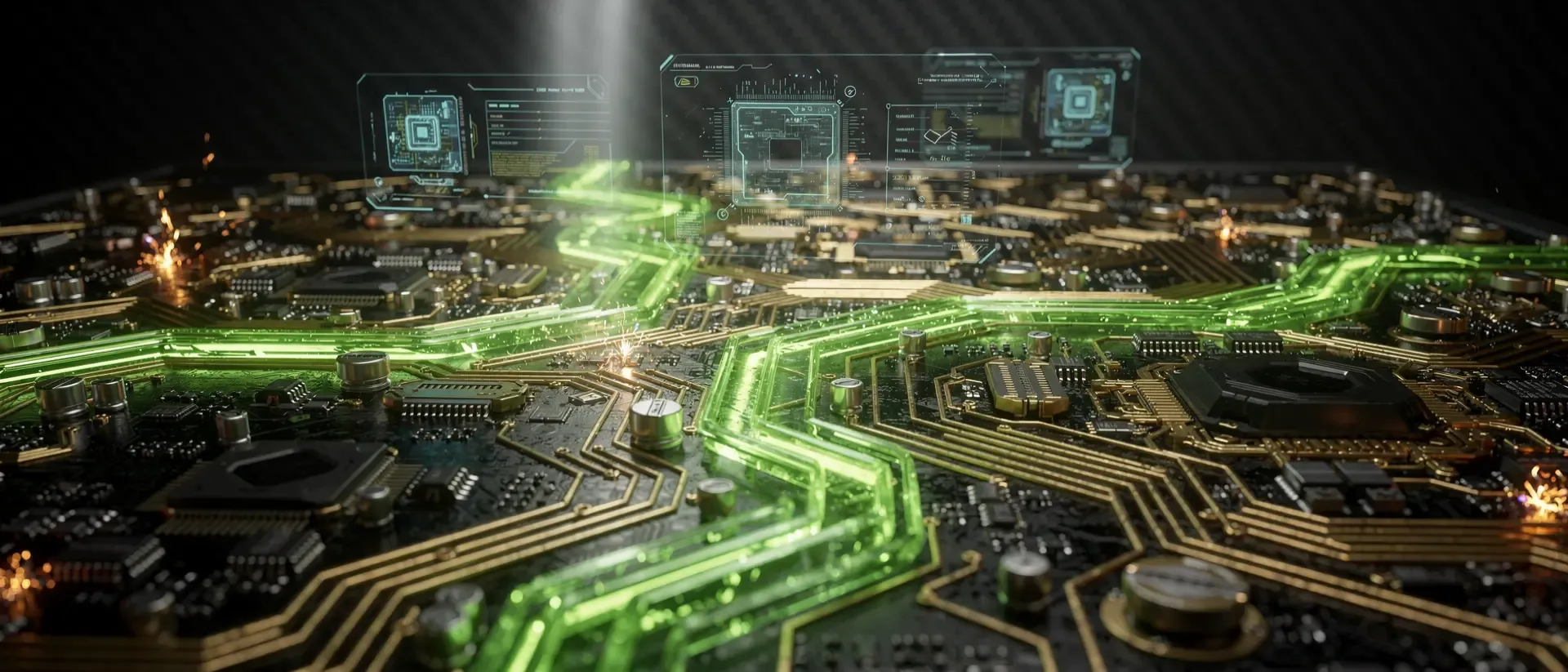 Makroaufnahme einer futuristischen Cyberpunk-Platine mit leuchtend neongrünen Datenströmen, holografischen CPU-Elementen und goldenen Schaltbahnen.