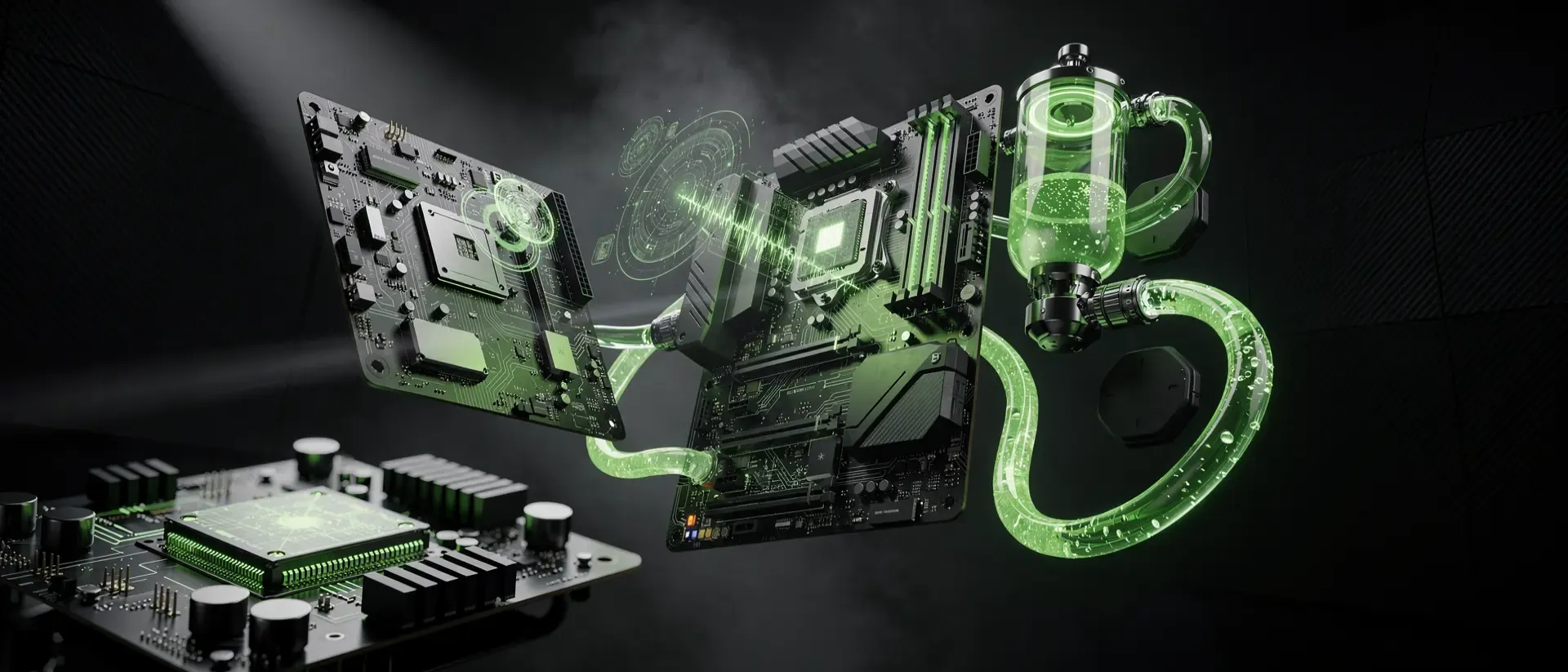 Ein zerlegter Gaming-PC schwebt in einem dunklen Cyberpunk-Labor, beleuchtet von leuchtend neon-grünen Schaltkreisen und holografischen Wärmebildern.