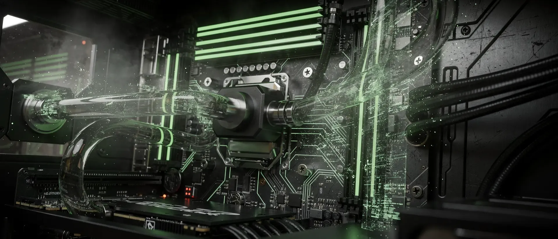 Makroaufnahme eines futuristischen Cyberpunk-PC-Innenlebens mit dunklem Metall, leuchtend grünen Kühlmittelschläuchen und holografischen Lichtpartikeln.
