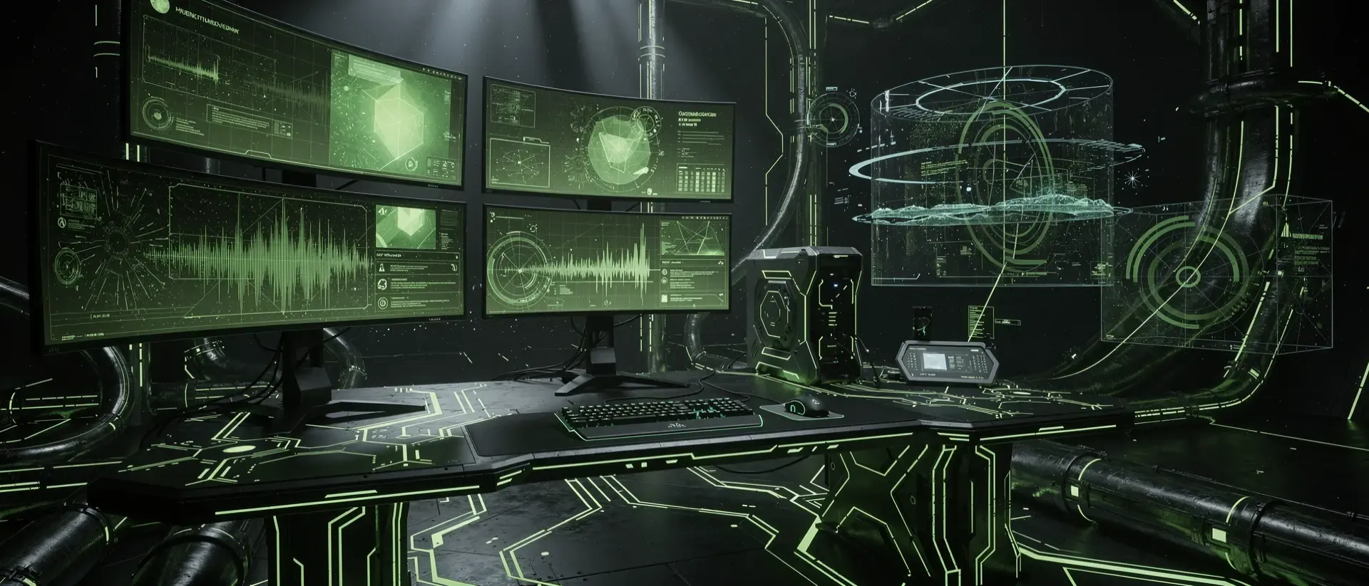 Futuristisches Cyberpunk-Command-Center mit schwebenden holografischen Monitoren und leuchtend neongrünen Schaltkreismustern in einer dunklen Umgebung.