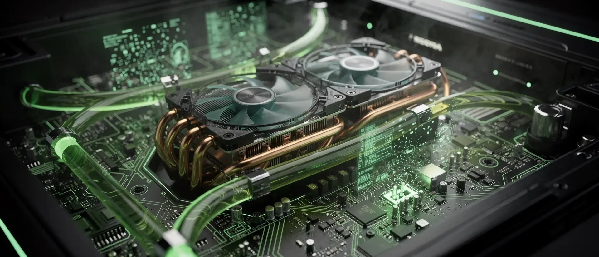 Hyperrealistische Cyberpunk-GPU-Innenansicht mit leuchtend neongrünen Kühlrohren, futuristischen Lüftern und schwebenden holografischen Datenpartikeln.
