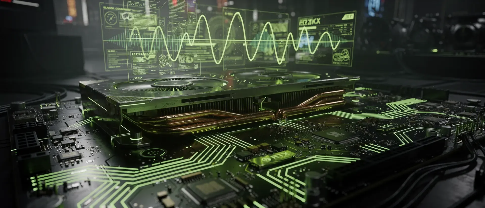 Nahaufnahme einer futuristischen Grafikkarte mit leuchtenden neongrünen Schaltkreisen und holografischen Datenströmen auf einem dunklen Mainboard.