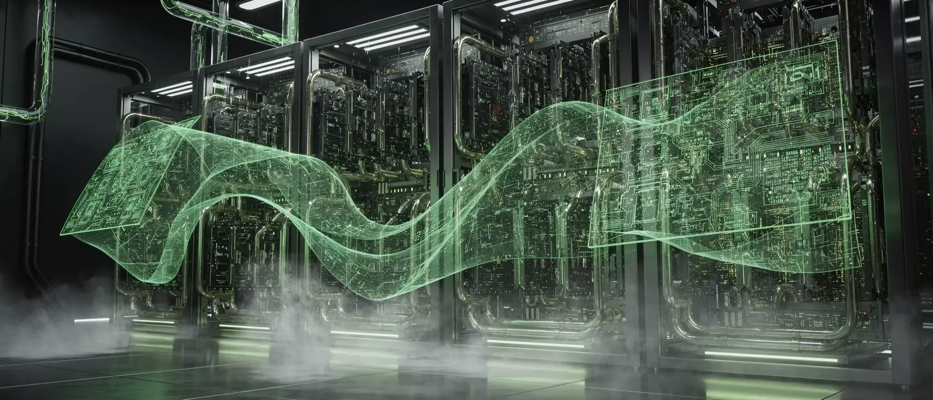 Hyperrealistischer Cyberpunk-Serverraum mit leuchtend grünen Energiepulsen, holografischen Wärmekarten und futuristischer GPU-Hardware im Detail.