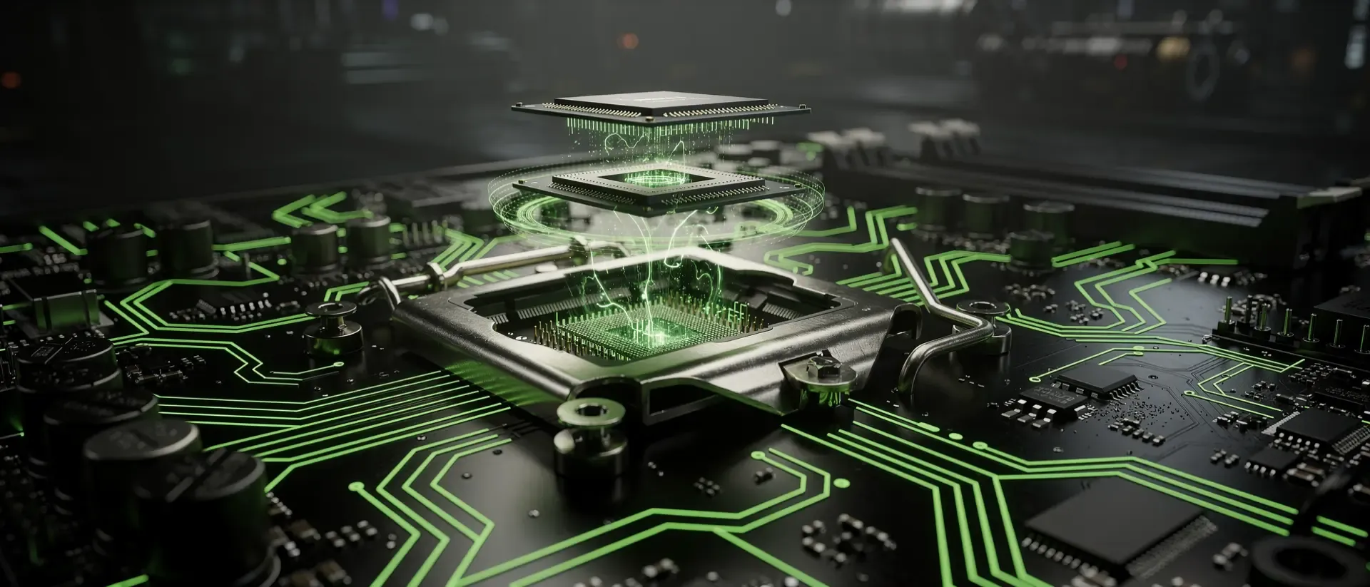 Makroaufnahme eines futuristischen Cyberpunk-Prozessors, der über einem dunklen Mainboard mit leuchtend neongrünen Schaltkreisen und Hologramm-Effekten schwebt.