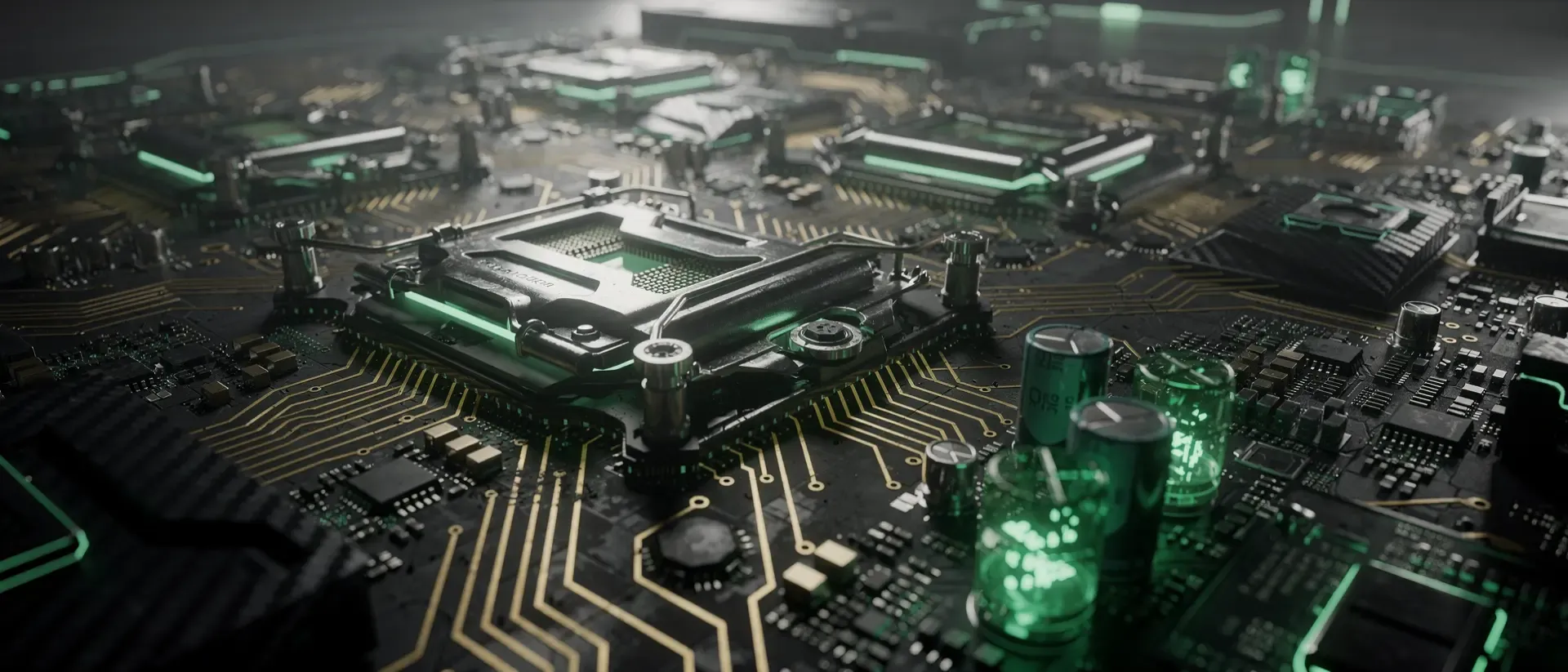 Makroaufnahme einer futuristischen Cyberpunk-Platine mit leuchtend neongrünen Energieimpulsen auf schwarzen Kohlefaser-Leiterbahnen.