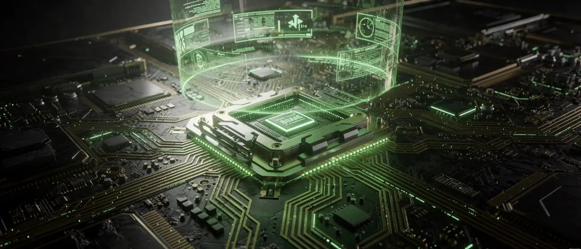 Hyperrealistische Cyberpunk-Nahaufnahme einer futuristischen CPU und Platine mit leuchtend neongrünen Energieimpulsen und holografischen Datenströmen.