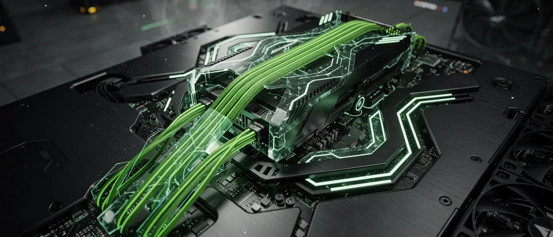 Nahaufnahme eines futuristischen Cyberpunk-Mainboards mit leuchtend neongrünen Schaltkreisen, geometrischen Kabeln und industrieller Sci-Fi-Ästhetik.