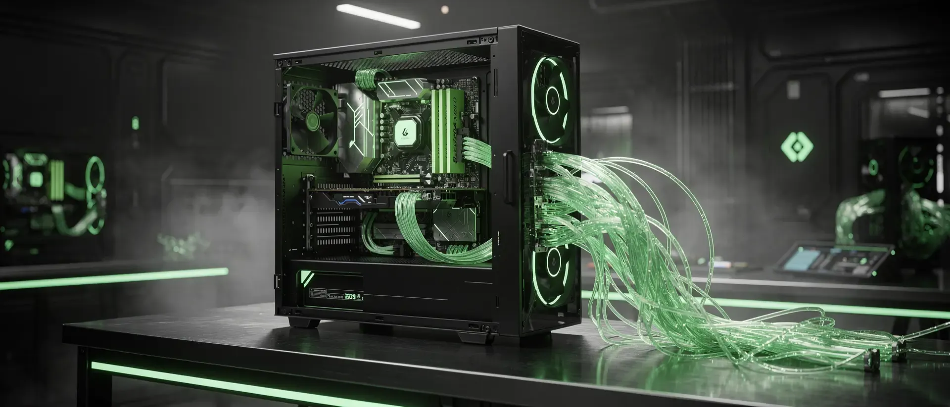 Ein hyperrealistisches Cyberpunk-Labor mit einem offenen Computergehäuse und leuchtenden, neongrünen Glasfaserkabeln auf einer dunklen Metallwerkbank.
