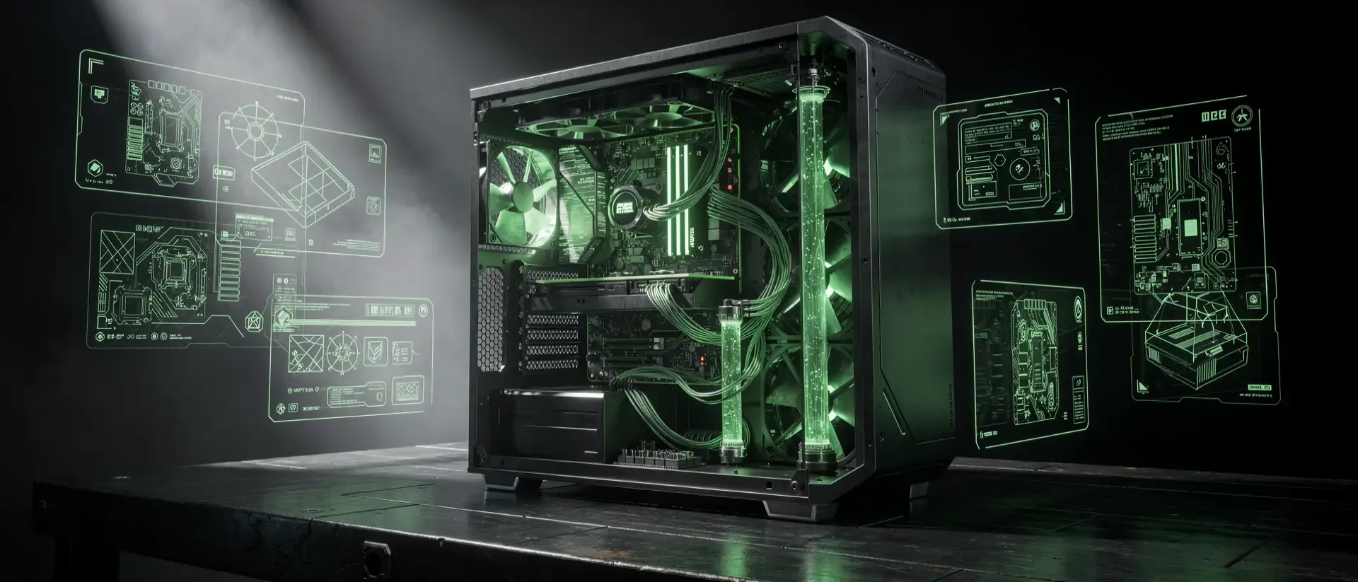 Ein hyperrealistisches Cyberpunk-Labor mit einem offenen PC-Gehäuse, leuchtend neongrünen Schaltkreisen und schwebenden holografischen Hardware-Schemata.