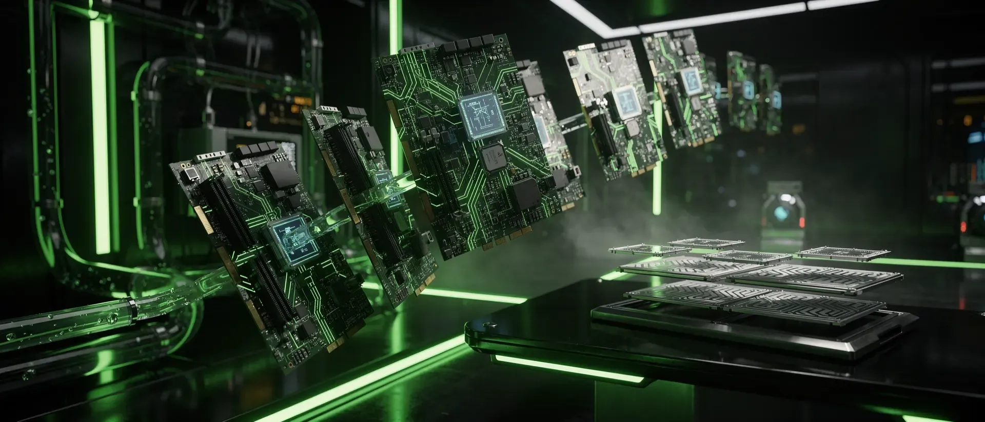 Nahaufnahme von futuristischen GPU-Platinen und schwebenden holografischen Chips in einem dunklen Cyberpunk-Labor mit neongrünen Lichteffekten.