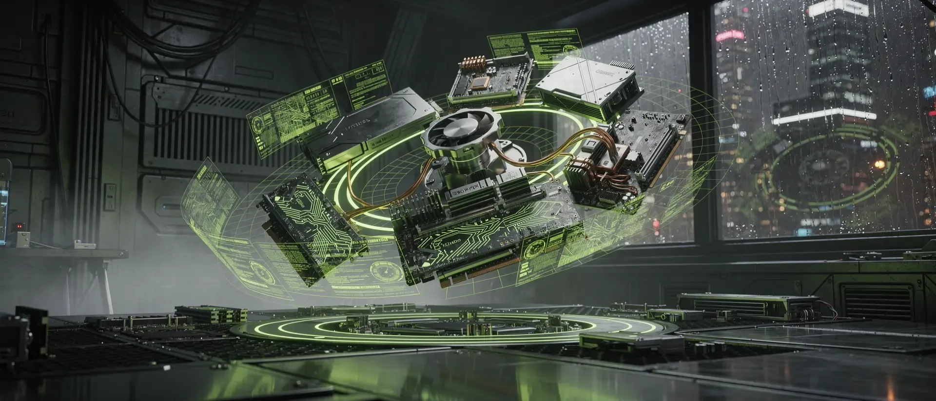 Futuristisches Cyberpunk-Labor mit schwebenden Hardware-Komponenten, die von neongrünen Energieleitungen und holografischen Datenströmen beleuchtet werden.
