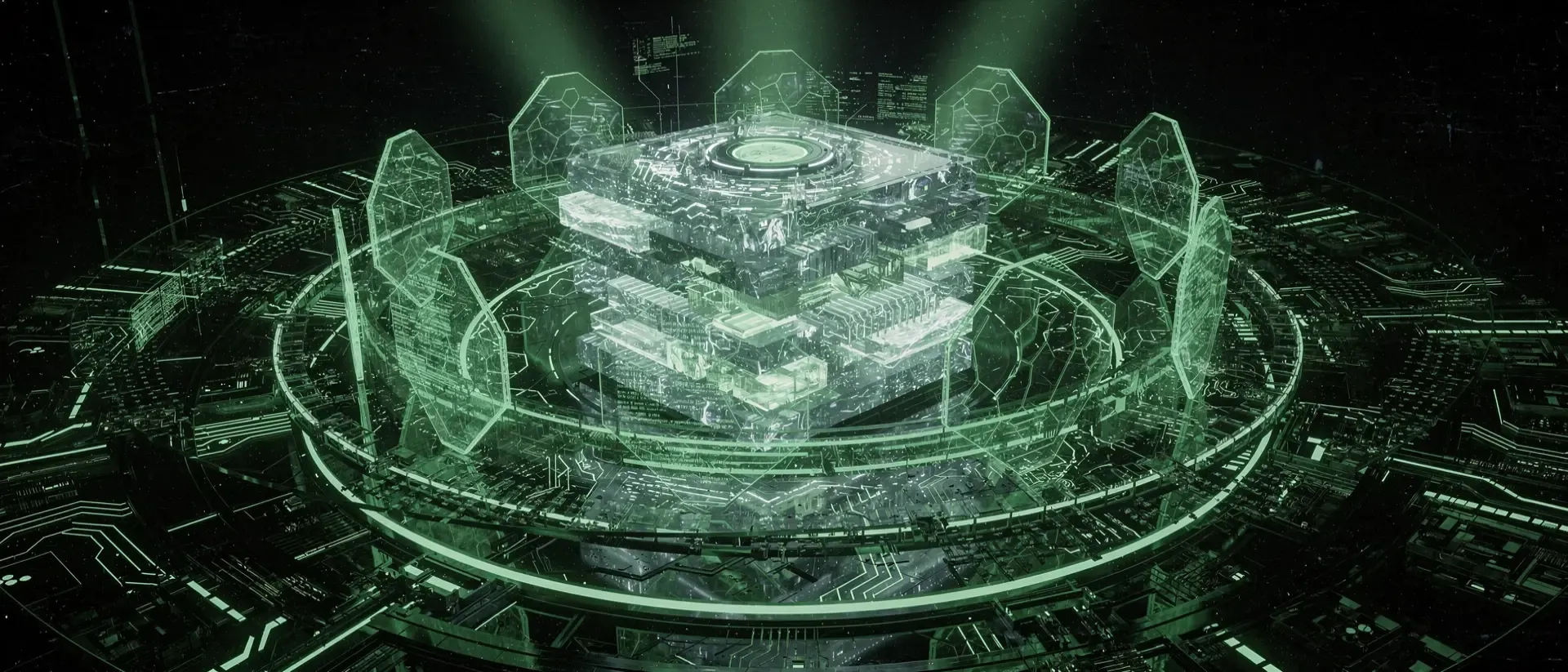Ein futuristischer Cyberpunk-Prozessor aus grün leuchtenden Hologrammen und geometrischen Schildern in einem dunklen, digitalen digitalen Heiligtum.