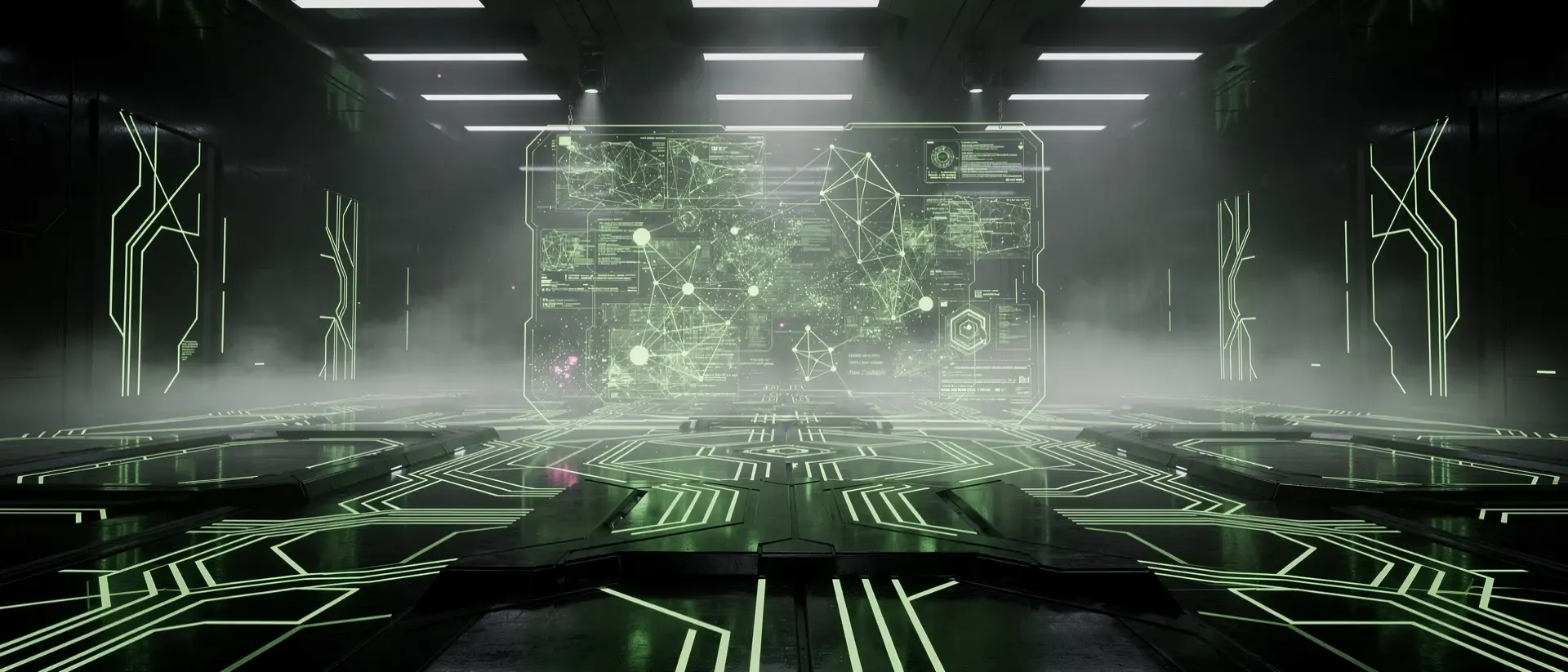 Futuristische Cyberpunk-Kommandozentrale mit leuchtend neongrünen Schaltkreismustern und einem schwebenden holografischen Daten-Interface.