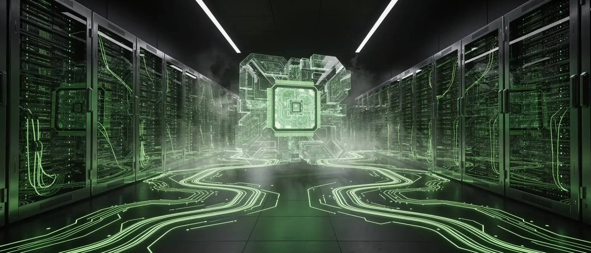 Ein futuristischer Cyberpunk-Serverraum mit einem schwebenden holografischen Prozessor und leuchtenden, neongrünen Schaltkreismustern in dunkler Atmosphäre.