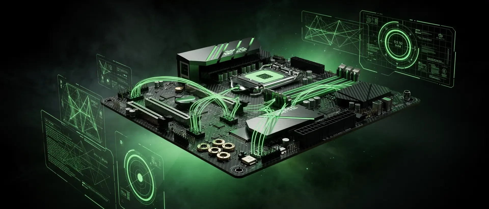 Ein futuristisches Motherboard in einem dunklen Labor, durchzogen von leuchtend neongrünen elektrischen Strömen und schwebenden Hologrammen.