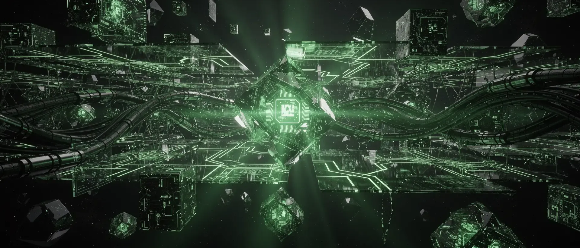 Ein futuristischer Cyberpunk-Landschaftsbild mit leuchtend neongrünen Schaltkreisen, holografischen Datensplittern und einem pulsierenden CPU-Kern.