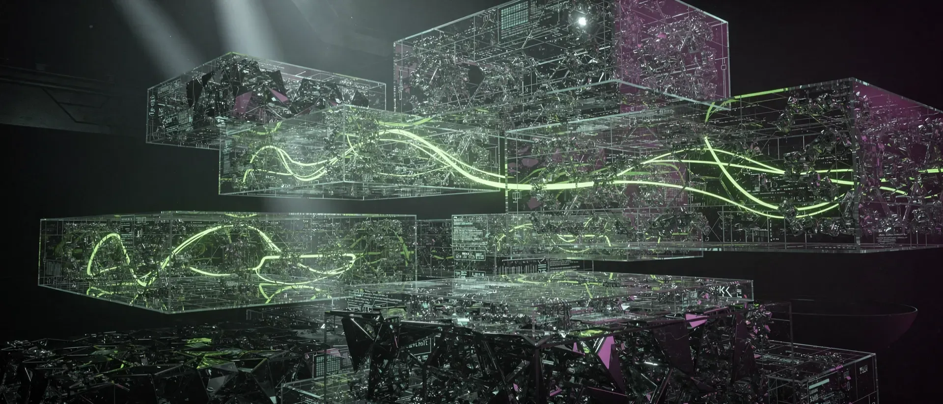 Futuristische, holografische neuronale Schnittstelle mit leuchtend neongrünen Energieimpulsen vor einem tiefschwarzen Hintergrund im Cyberpunk-Stil.