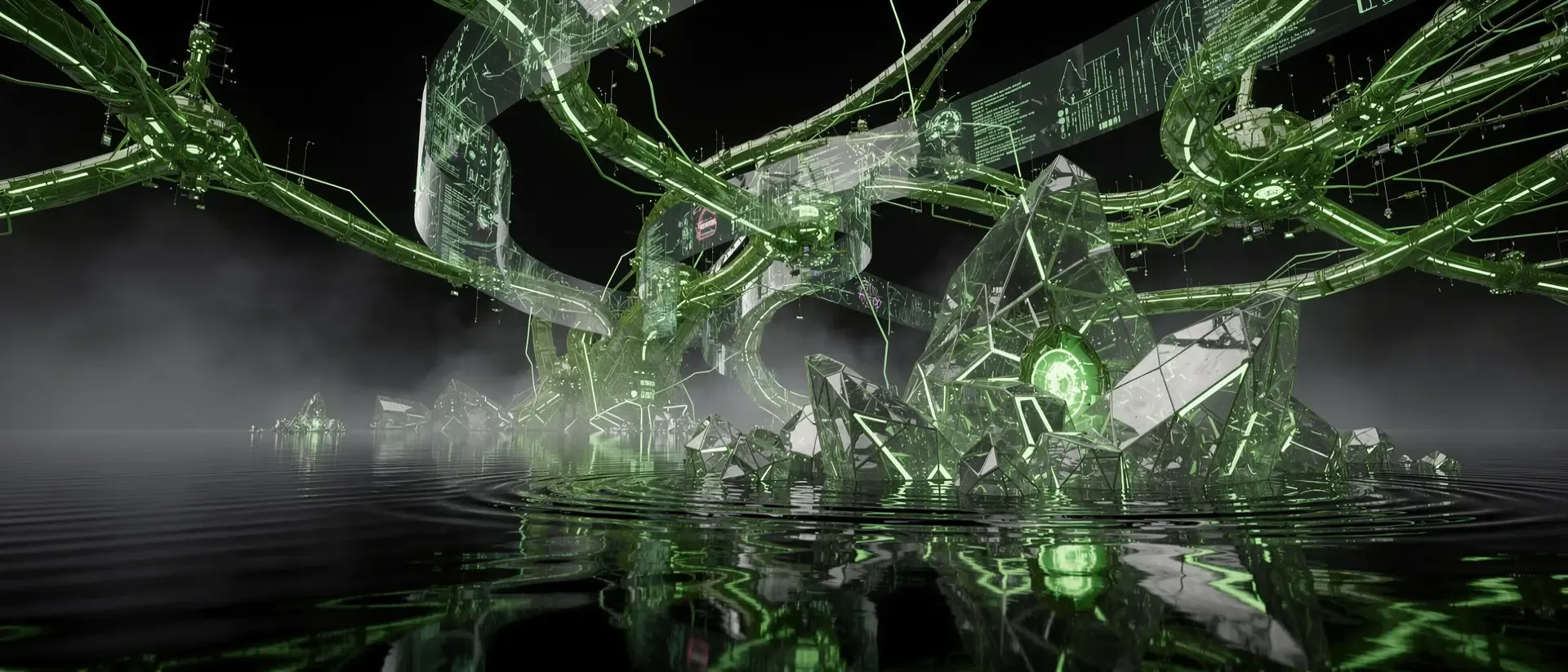 Futuristische Cyberpunk-Landschaft mit leuchtend neongrünen neuronalen Netzwerken und holografischen Datenströmen auf einer schwarzen Spiegeloberfläche.