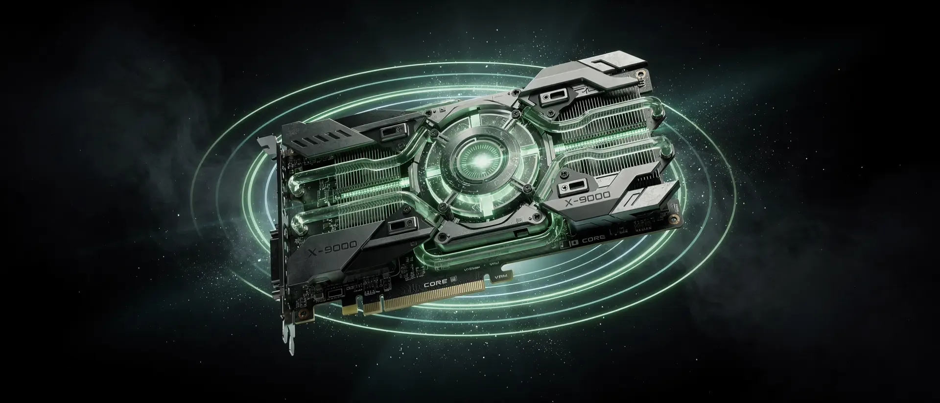 Eine futuristische High-Tech-GPU schwebt in einem dunklen Raum, beleuchtet von intensiv neongrün leuchtenden Schaltkreisen und holografischen Impulsen.