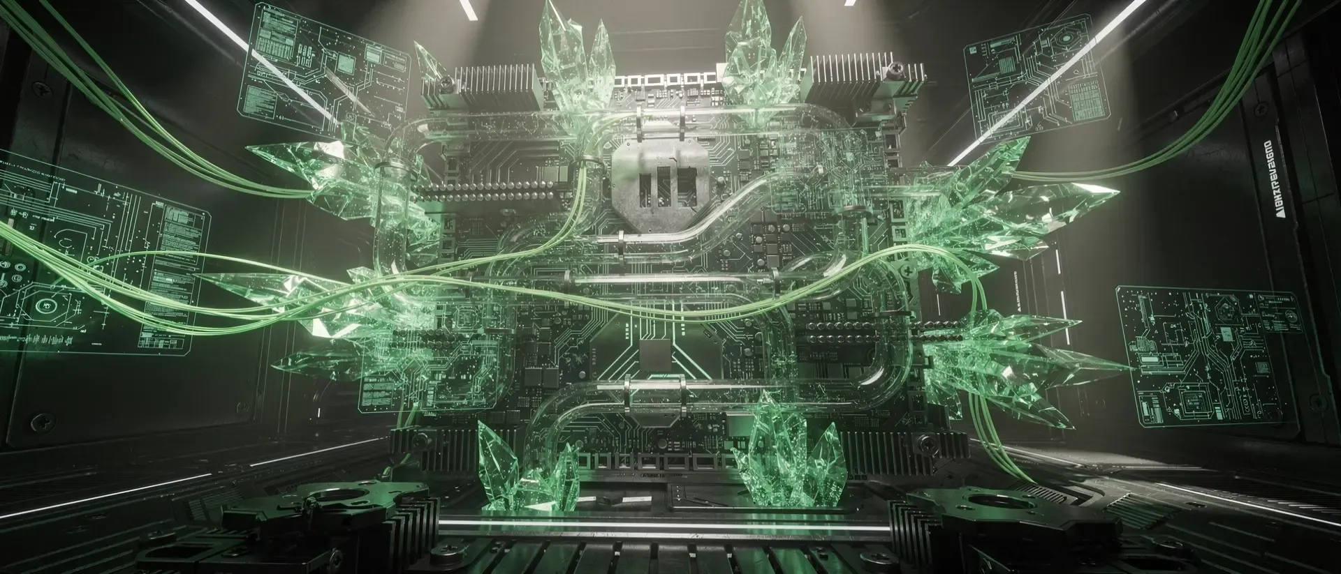 Futuristische Cyberpunk-Hardware mit leuchtend neongrünen Plasmaströmen, Hologrammen und gläsernen Kristallen auf dunklem Hintergrund.