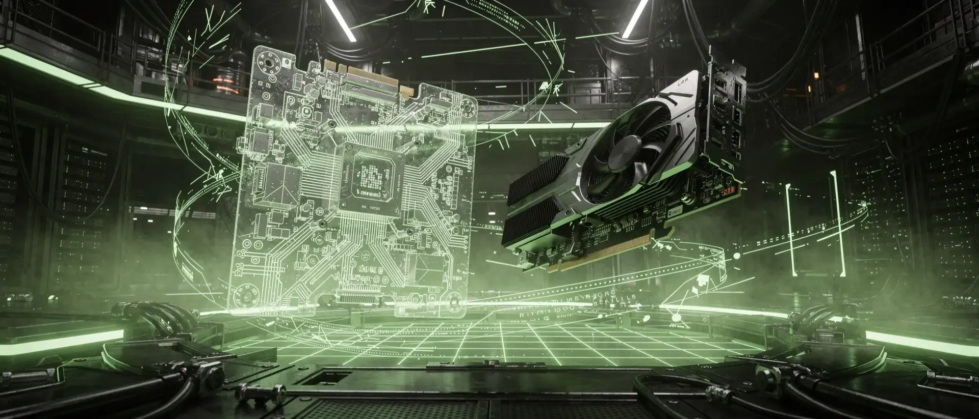 Futuristische Hardware-Labor-Szene mit schwebendem holografischem Mainboard und GPU in Neon-Grün vor schwarzem Hintergrund im Cyberpunk-Stil.