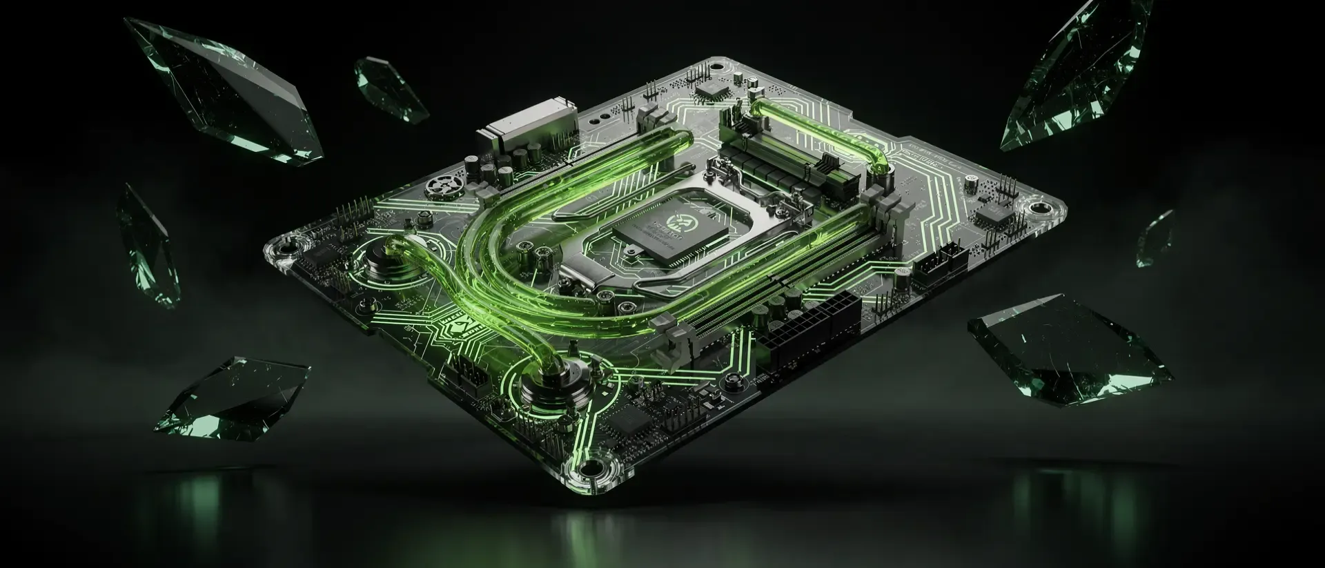 Ein futuristisches Cyberpunk-Mainboard mit leuchtend neongrünen Kühlmittelschläuchen und Hologrammen vor einem dunklen, metallischen Hintergrund.