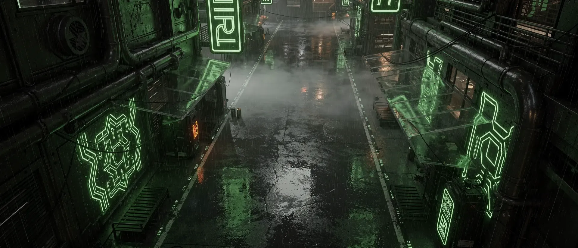 Eine cineastische, futuristische Cyberpunk-Gasse bei Nacht mit regennassem Asphalt und leuchtend neongrünen Reflexionen in düsterer Atmosphäre.
