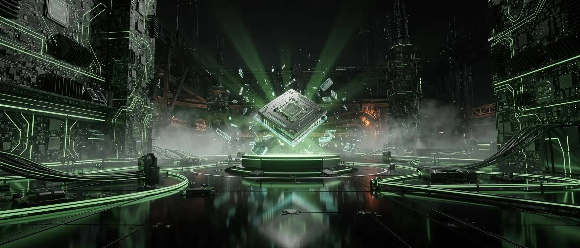 Ein futuristisches Cyberpunk-Labor mit leuchtend neongrünen Schaltkreisen und einem schwebenden, holografischen GPU-Kern in dunkler Chrom-Optik.