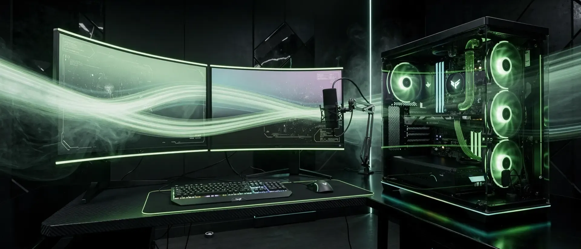 Futuristische Cyberpunk-Gaming-Station in einem dunklen Raum mit neon-grünen Lichteffekten, transparentem Gehäuse und mehreren leuchtenden Monitoren.