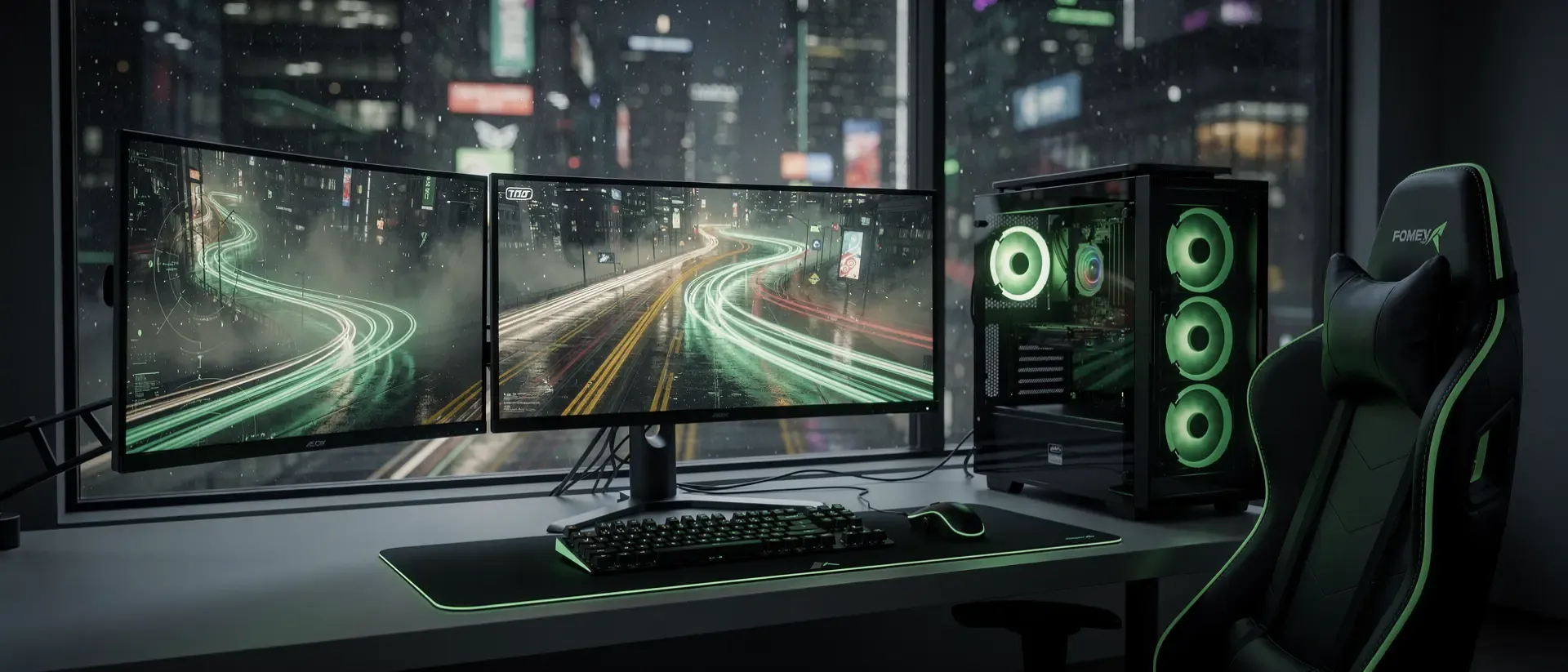 Futuristisches Cyberpunk-Gaming-Setup in einer dunklen Stadtlandschaft mit neon-grünen Akzenten, mehreren Monitoren und atmosphärischer Beleuchtung.