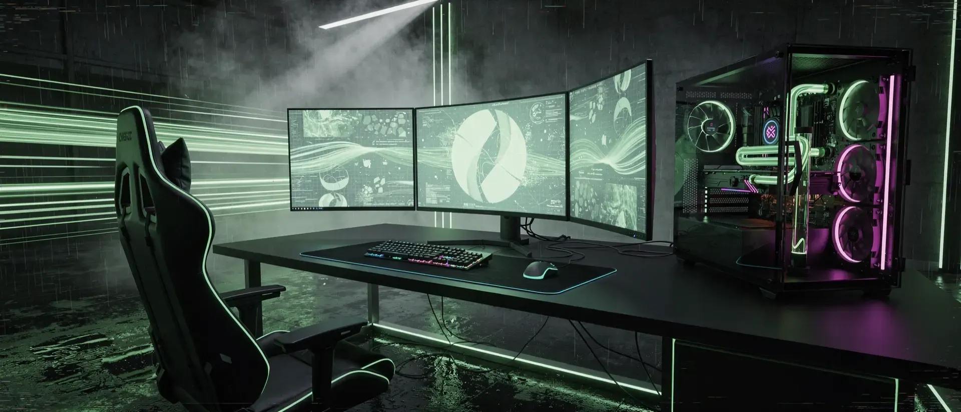 Ein futuristisches Cyberpunk-Gamer-Zimmer mit neongrünen Akzenten, mehreren gekrümmten Monitoren und holografischen Mustern in einer dunklen Atmosphäre.